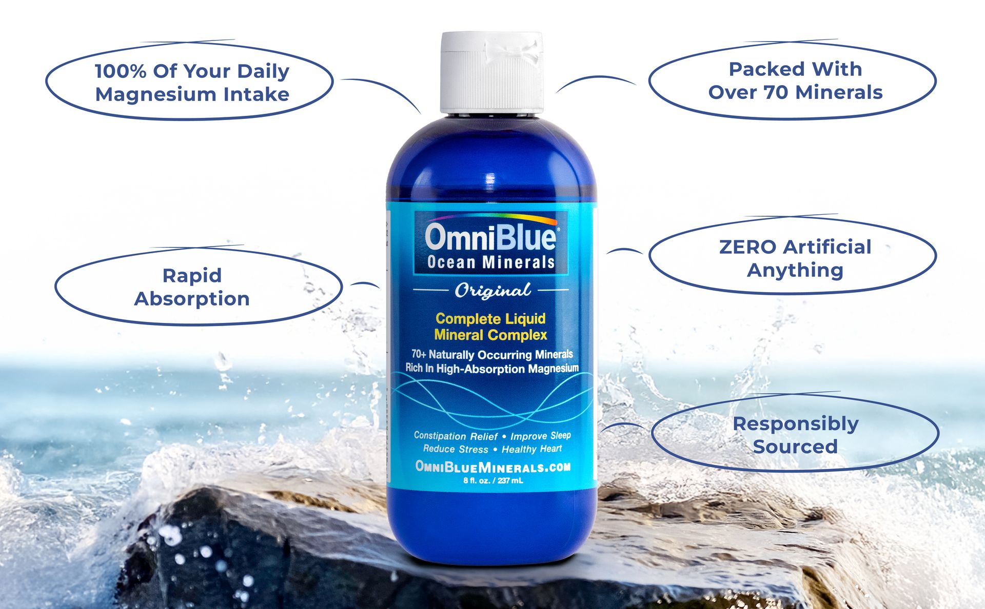 OmniBlue Ocean Minerals - 70+ Trace Minerals & Liquid Magnesium - Potassium, Chloride- Low Sodium - Natural Support for Sleep, Digestion, Regularity, Hydration & Electrolyte Balance (8 oz)