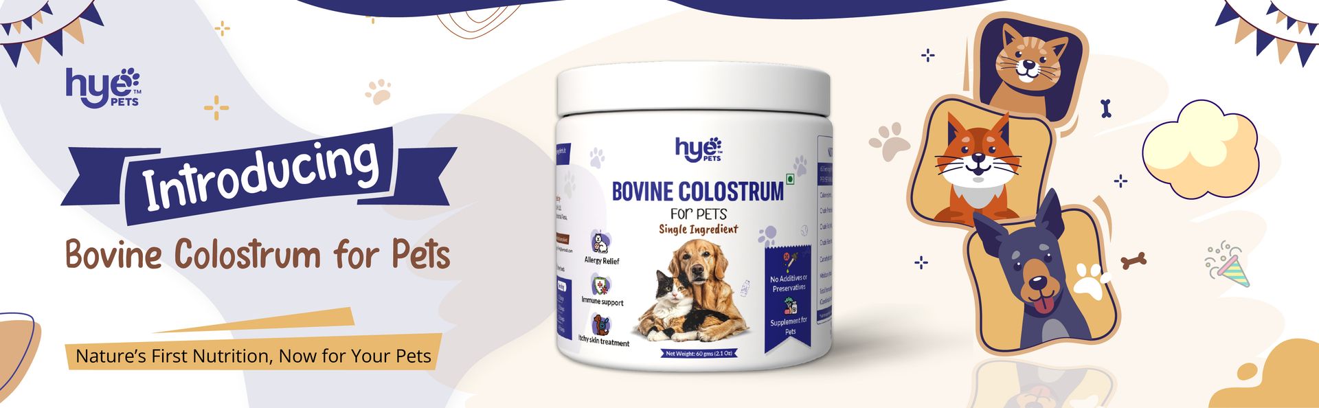 Hye Pets Bovine Colostrum Powder for Dogs & Cats | Allergy & Itchy Skin Relief Supplement | Immune Support with Natural Antibodies | Pure, Single Ingredient, No Preservatives | 60 Days Supply | 60g