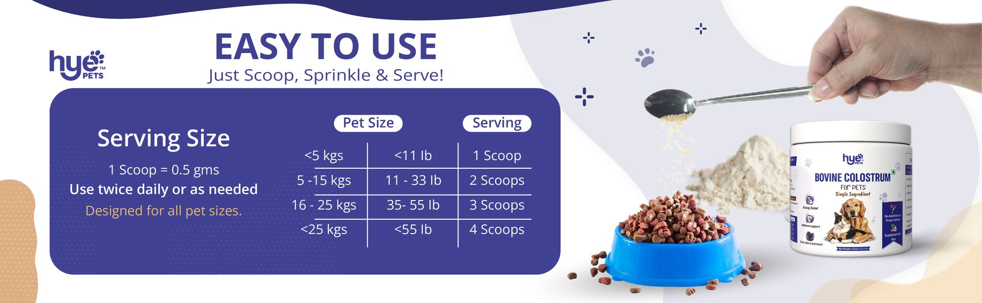 Hye Pets Bovine Colostrum Powder for Dogs & Cats | Allergy & Itchy Skin Relief Supplement | Immune Support with Natural Antibodies | Pure, Single Ingredient, No Preservatives | 60 Days Supply | 60g
