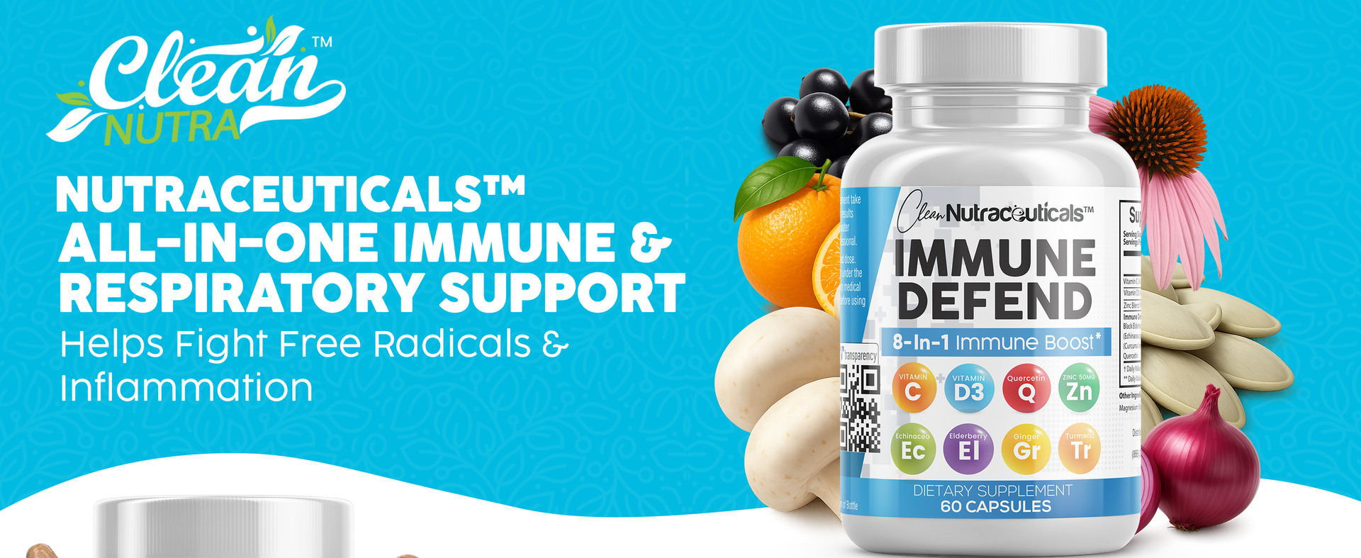 Clean Nutraceuticals Immune Defense Support Supplement 8 in 1 with Zinc 50mg Quercetin, VIT C 1000mg, Vitamin D3 5000 IU, Elderberry, Ginger - Immunity System Booster for Adults, Vegan - 60 Count
