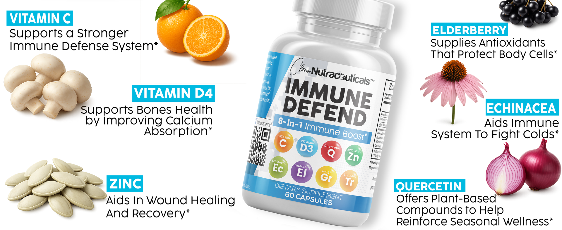 Clean Nutraceuticals Immune Defense Support Supplement 8 in 1 with Zinc 50mg Quercetin, VIT C 1000mg, Vitamin D3 5000 IU, Elderberry, Ginger - Immunity System Booster for Adults, Vegan - 60 Count