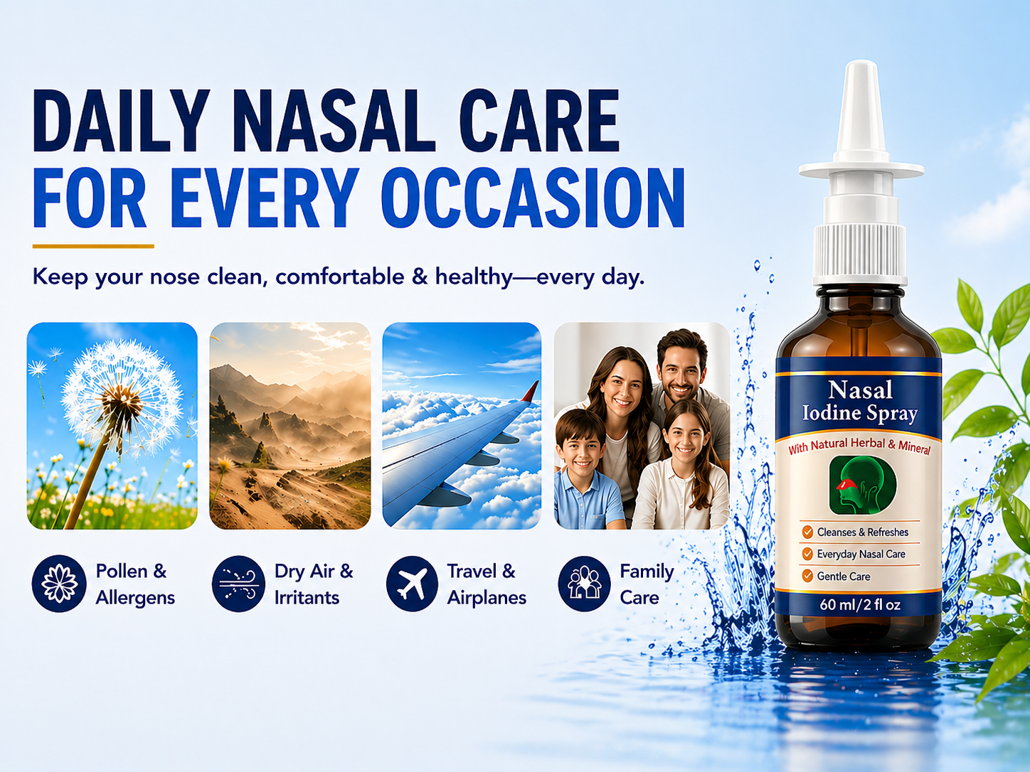 Iodine Nasal Spray - Natural Nasal Iodine Spray with Fulvic Acid,1% Povidone Iodine Gentle Cleanses Nasal Passages for Daily Care,60ml/2 FLoz - 150+ Uses (1)