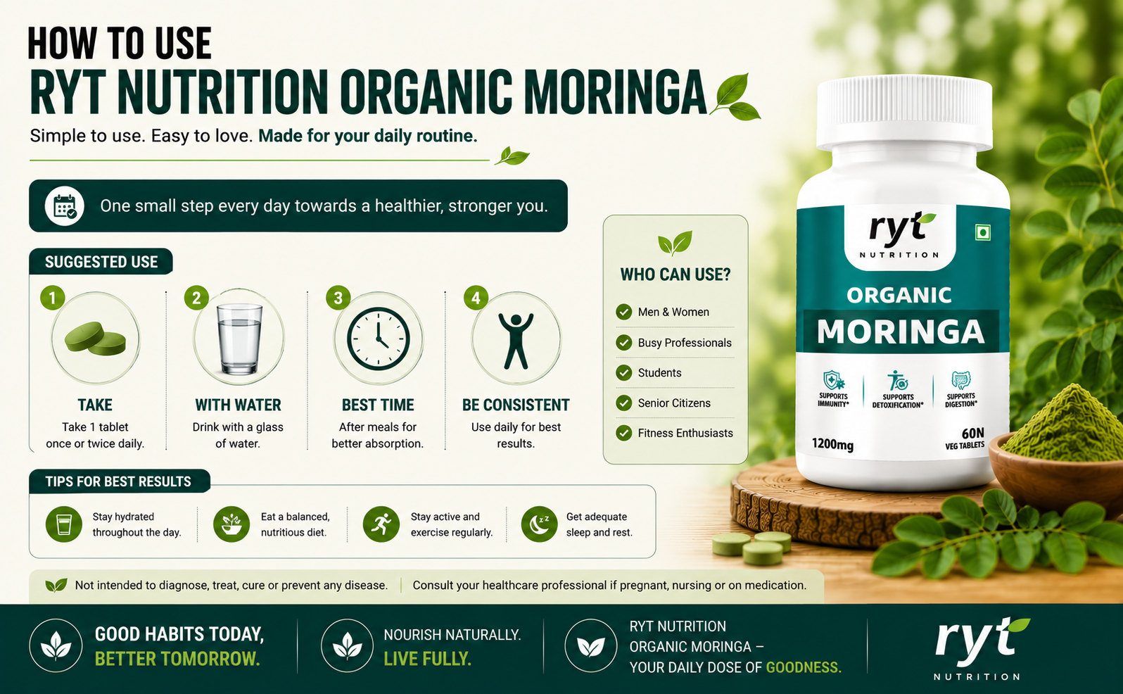 Organic Moringa (1200mg) - 60 Veg Tablets |Drumstick Leaf Extract | 100% Organic |Supports Healthy Digestion & Appetite, Boost immunity & Supports Detoxification