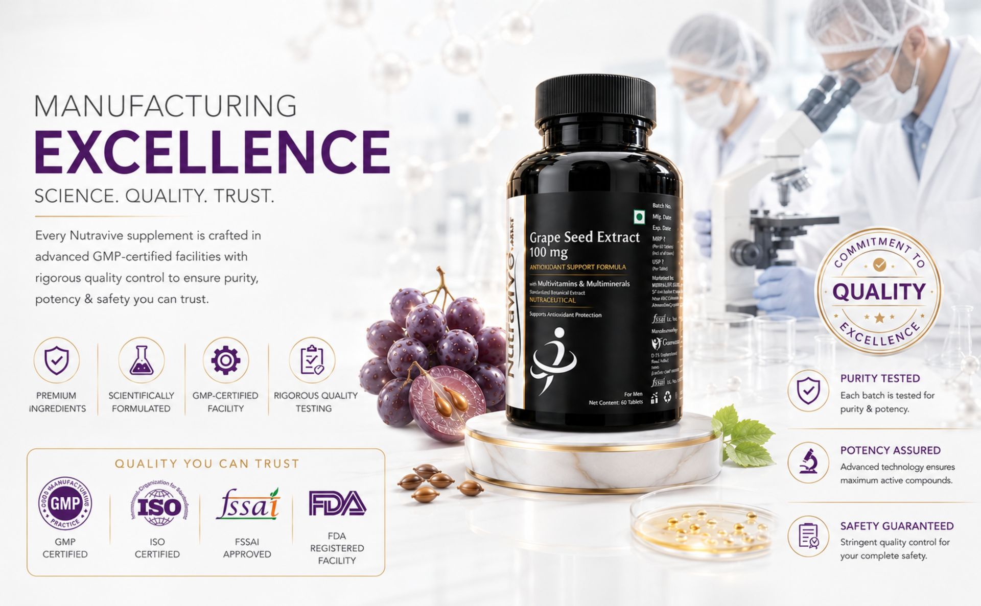 Antioxidant, Grape Seed Extract 100mg | Helps Combat Oxidative Stress | Supports Healthy Skin & Immune Function | With Multivitamins & Multiminerals | 60 Tablets