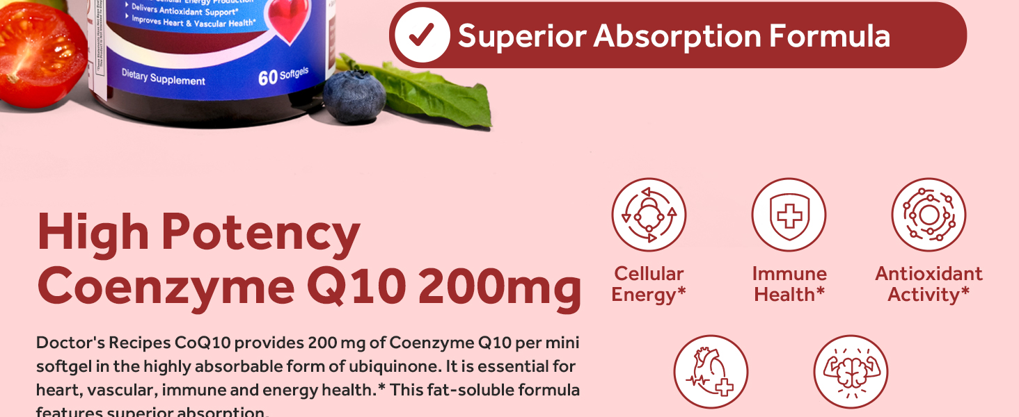 Doctor's Recipes CoQ10 200mg, Highly Absorbable Coenzyme Q10, Antioxidant Support & Cellular Energy Boost, Improves Heart, Vascular Health, Non-GMO, 60 Softgels, 2 Month Supply