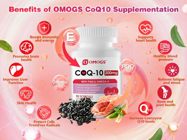 OMOGS CoQ10 200mg Softgels, Coenzyme Q10 High Absorption Supplements Support Heart Health, Cardiovascular Health, Immune System & Cellular Energy Production, Gluten Free, 90 Softgels