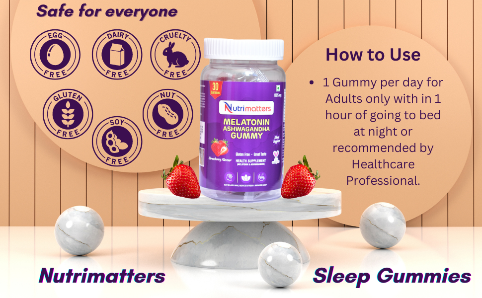 Sleep Gummies for Men & Women with Melatonin 5mg and Ashwagandha | Promotes Deep Sleep, Relaxes Nerves & Reduce Stress | Strawberry Flavour | 30 Gummies