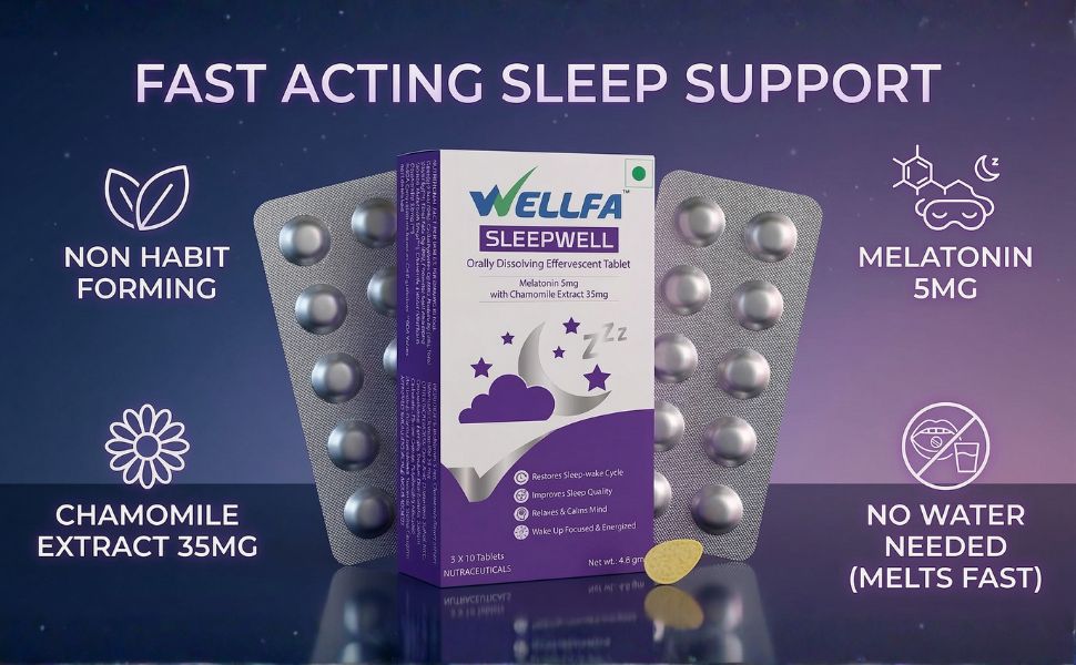 Sleepwell Melatonin 5mg Sleep Supplement | Dissolving Effervescent Tablets with Chamomile | Better then Sleep Gummies & Strips | Sleep Aid for Stress Relief & Insomnia (30 Tablets, Pack of 1)