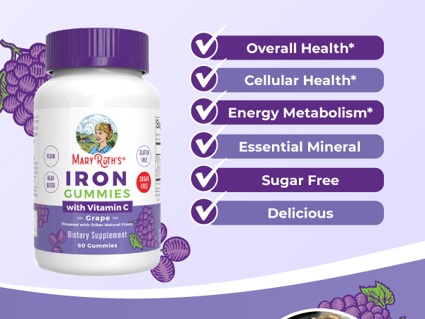 MaryRuth's Iron Gummies for 14+ with Vitamin C for Absorption | Sugar Free | Gummy Iron Supplement + VIT C | Energy Metabolism | Cellular Health | Immune Support | Vegan | Non-GMO | 60 Count