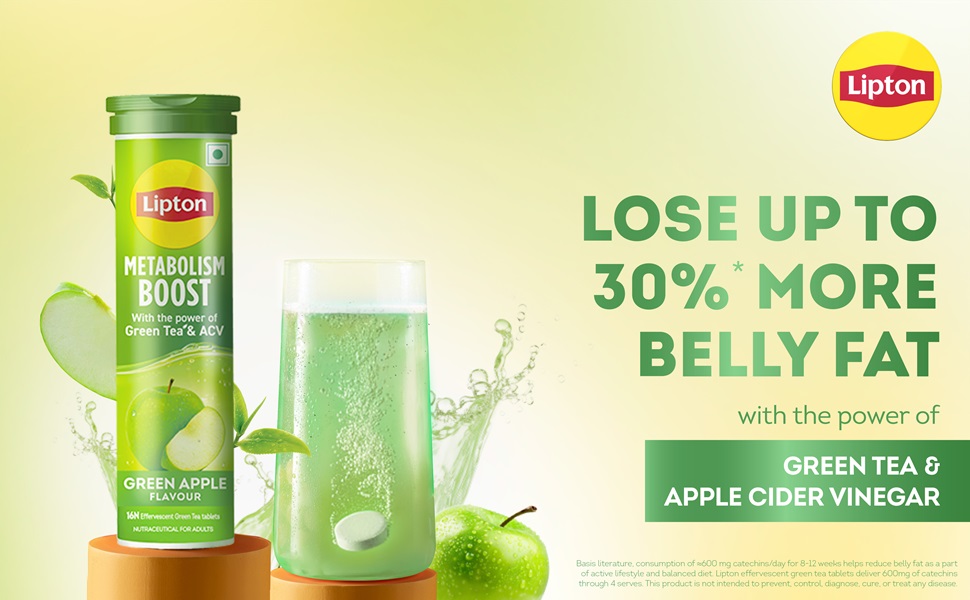 Lipton Metabolism Boost with 150mg Green Tea Catechins and 50mg ACV (Apple Cider Vinegar) | For Weight Loss & Fat Burn | Zero Calories | 16N Effervescent Tablets | Green Apple Flavour