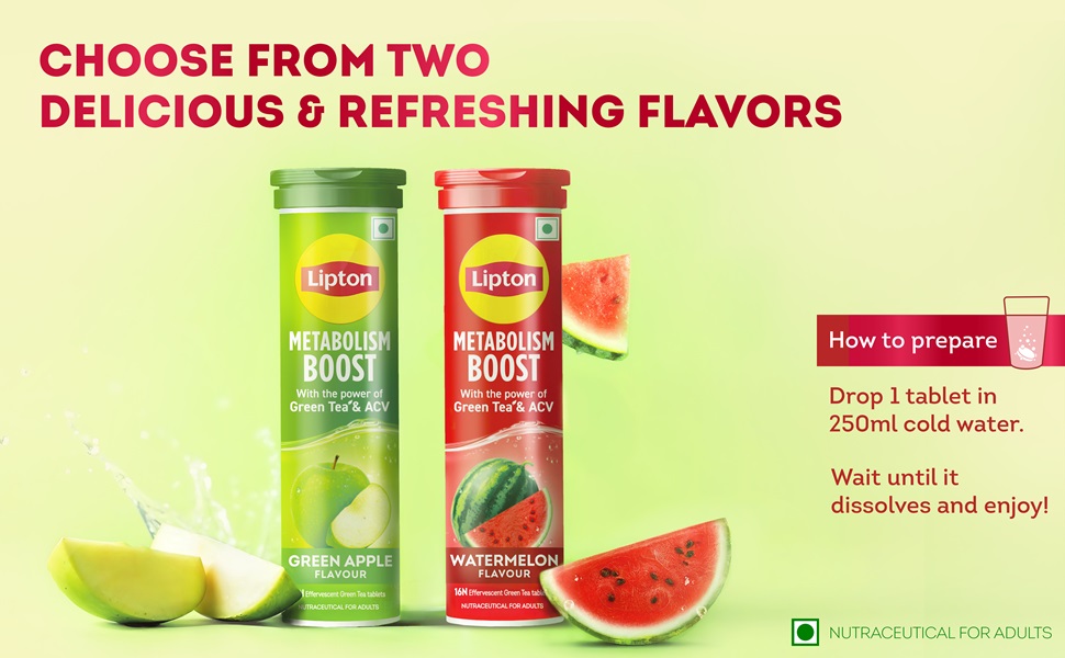 Lipton Metabolism Boost with 150mg Green Tea Catechins and 50mg ACV (Apple Cider Vinegar) | For Weight Loss & Fat Burn | Zero Calories | 16N Effervescent Tablets | Watermelon Flavour