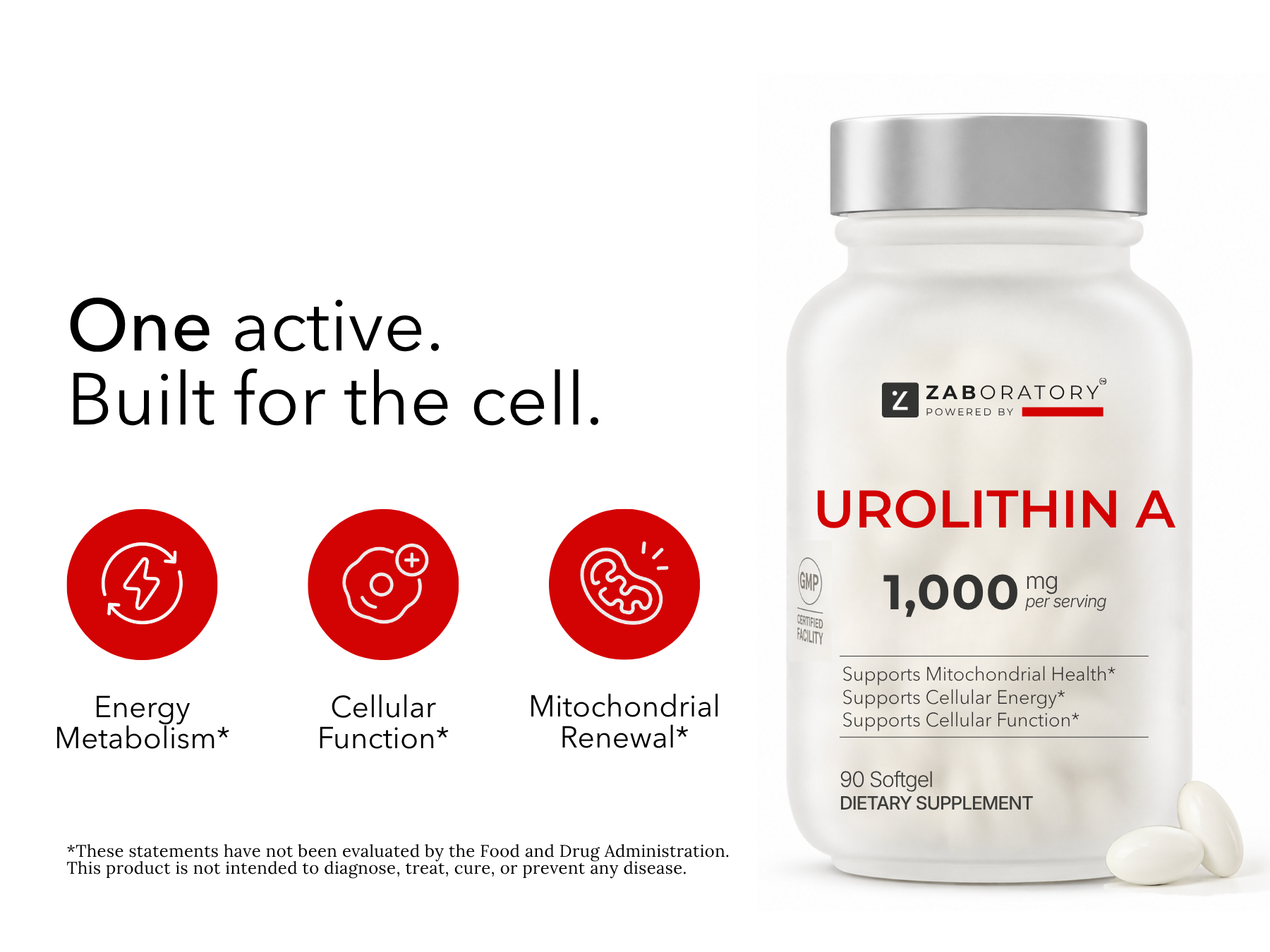 ZAB Urolithin A Supplement 1000mg Per Serving, 90 Softgels, 45 Servings