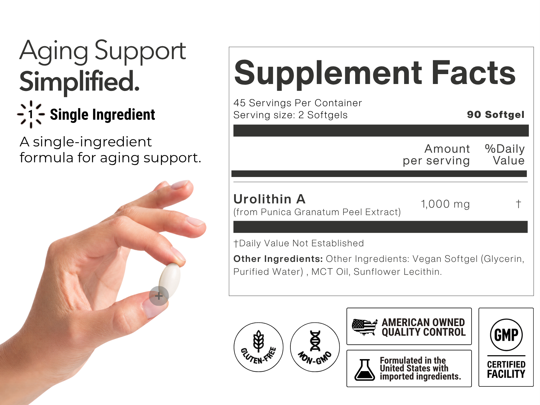 ZAB Urolithin A Supplement 1000mg Per Serving, 90 Softgels, 45 Servings