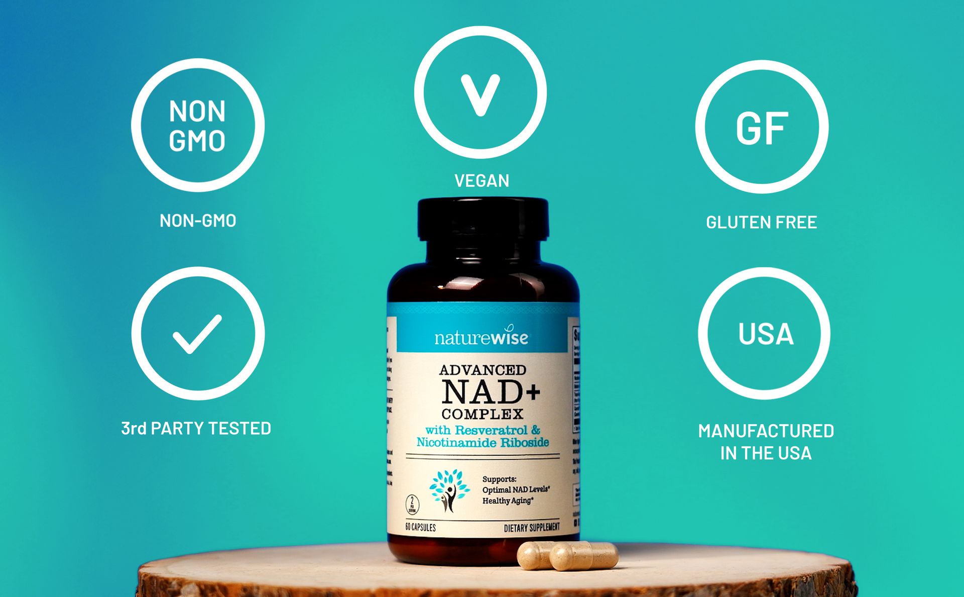 NatureWise NAD+ Support Complex - Nicotinamide Riboside + Resveratrol to Support NAD+ Supplement for Healthy Aging + Clinically Tested Quercefit - USA Manufactured - Non-GMO, 60 Count[30-Day Supply]