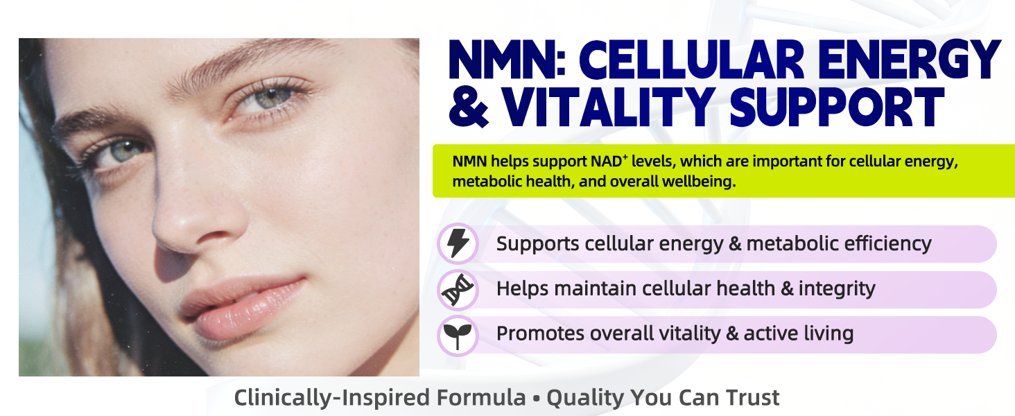 NMN 1000mg Supplement Per Serving,99.9% Pure Nicotinamide Mononucleotide,NAD+ Support Cellular Energy & Healthy Aging for Men & Women,60 Capsules(30-Day Supply),Third-Party Tested,cGMP