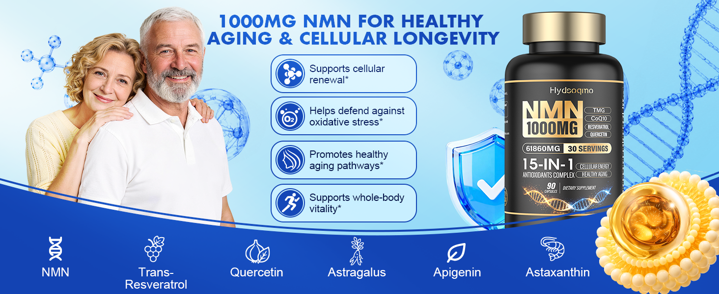 NMN Supplement 1000mg Per Serving with Resveratrol, TMG, Ubiquinol CoQ10, PQQ, Quercetin, Astragalus – NAD Resveratrol Supplement for Cellular Energy & Healthy Aging – NAD+ Supplement, 90 Count