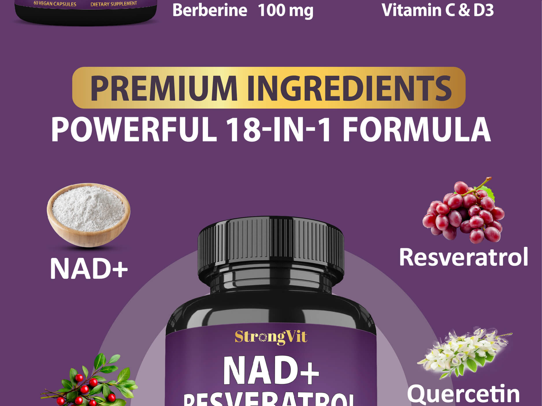 StrongVit NAD+ Resveratrol Supplement for Healthy Aging - 60 Capsules