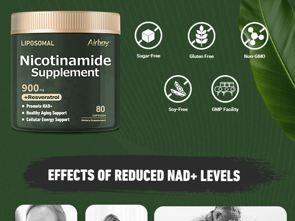 Airboy NAD+ Supplement, Liposomal Nicotinamide Riboside 900 mg with Resveratrol & Quercetin, NMN Supplement Alternative, Third-Party Tested, Anti-Aging, Energy, Focus- 80 Count