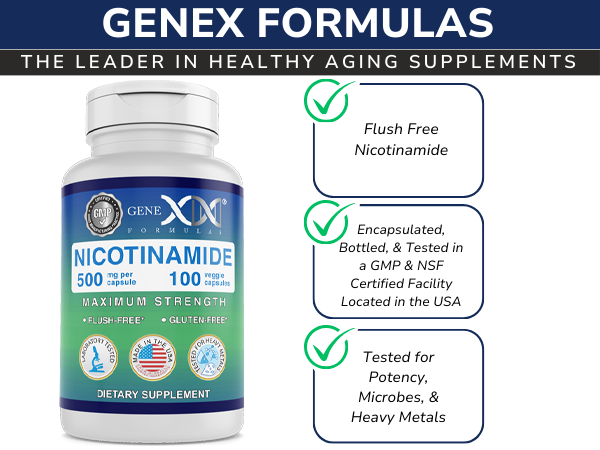 Genex Formulas Nicotinamide 500mg, Vitamin B3 Flush Free Niacin, 100 Caps