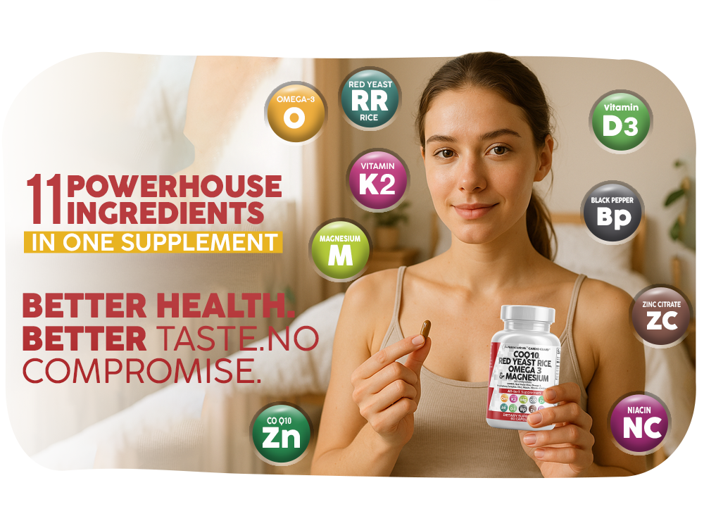 Clean Nutraceuticals COQ10 200mg Red Yeast Rice Omega 3 Magnesium Complex 500mg Niacin Zinc Vitamin K2 D3 - Heart Support Vitamins for Women & Men w/Vitamin B3, Coenzyme Q10-60 Ct