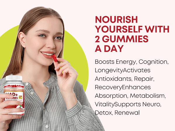 NAD+ Gummies, 1200mg Liposomal NAD Supplement for Women & Men with Trans-Resveratrol & Black Pepper Extract Anti-Aging Supplement, Brain & Cellular Mitochondrial Health - 60 Gummies Cherry