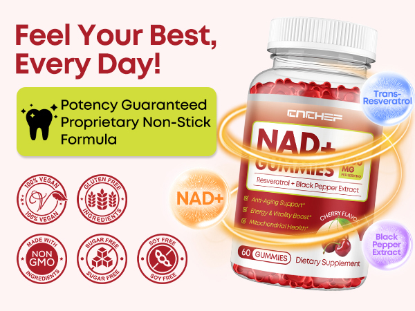 NAD+ Gummies, 1200mg Liposomal NAD Supplement for Women & Men with Trans-Resveratrol & Black Pepper Extract Anti-Aging Supplement, Brain & Cellular Mitochondrial Health - 60 Gummies Cherry