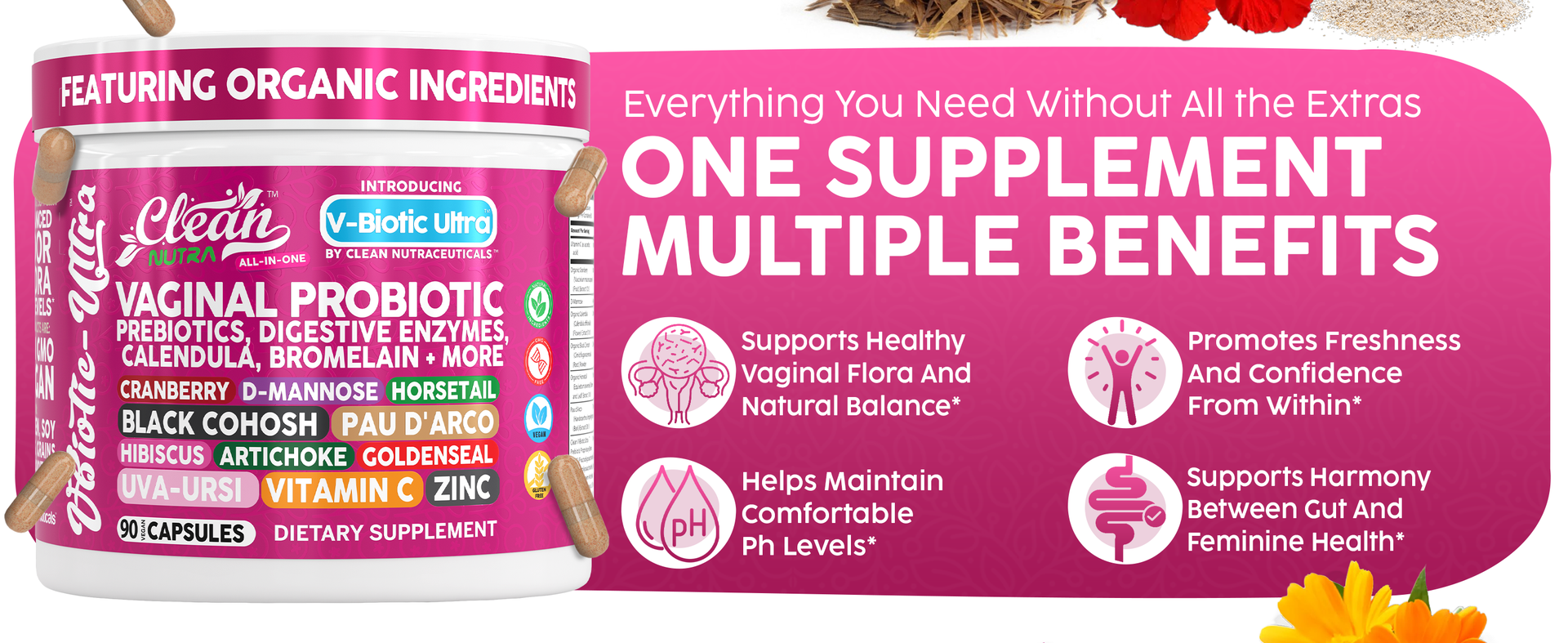 Clean Nutra Vaginal Probiotics for Women + Prebiotics Digestive Enzymes Bromelain Cranberry D Mannose Horsetail Black Cohosh Artichoke Hibiscus Flowers Probiotic for Digestive Health 90 Vegan Capsules