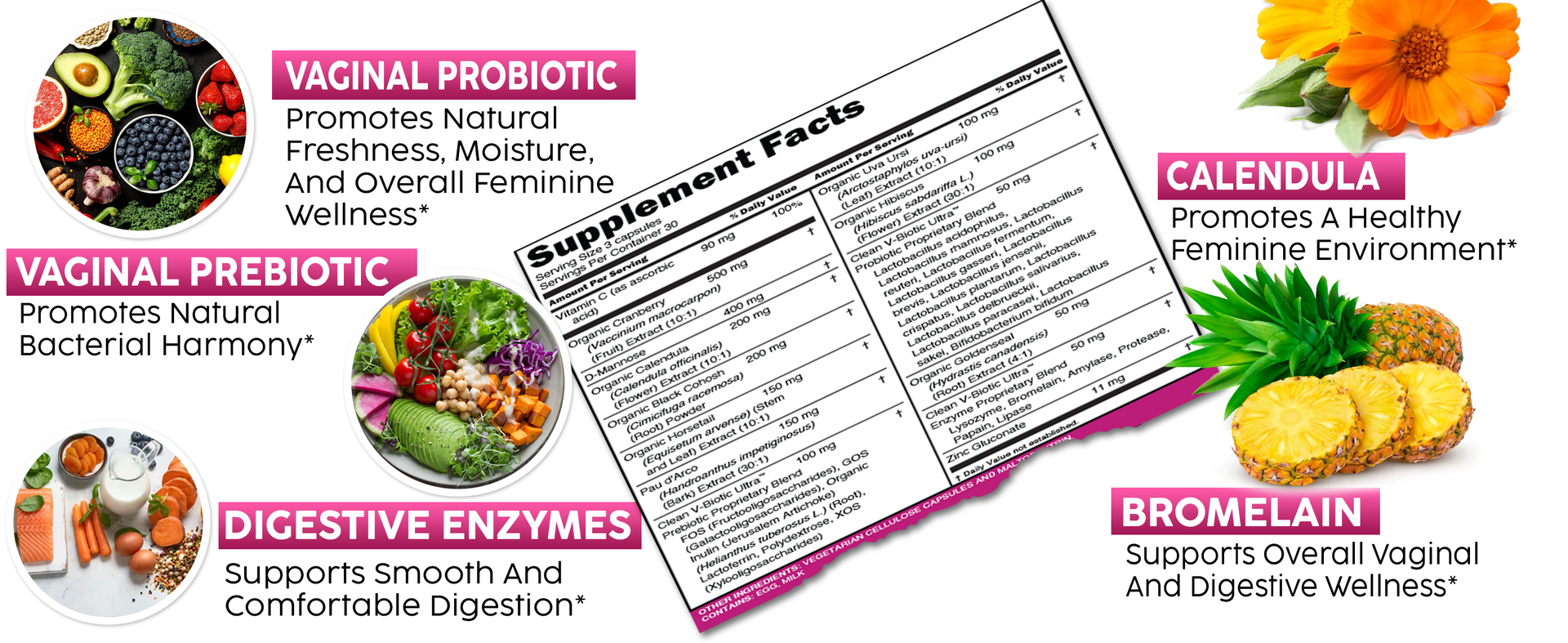 Clean Nutra Vaginal Probiotics for Women + Prebiotics Digestive Enzymes Bromelain Cranberry D Mannose Horsetail Black Cohosh Artichoke Hibiscus Flowers Probiotic for Digestive Health 90 Vegan Capsules