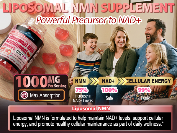 NMN Supplement 1000mg, 4-in-1 Liposomal NMN Gummies with Resveratrol, Quercetin & TMG for NAD+ Levels, NMNH Alternative, Supports Healthy Aging, Cellular Energy & Immune Health, 60 Count