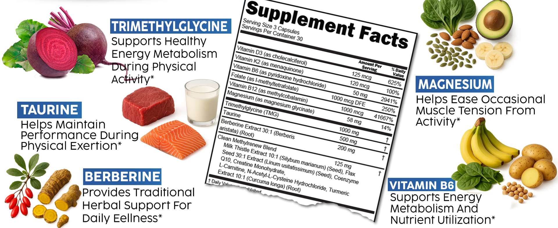 Clean Nutra TMG Supplements 1000mg | Methylated Multivitamin for Women Men | Taurine B6 Vitamins B12 D3 K2 Trimethylglycine Magnesium Methylfolate Milk Thistle NAC COQ10 B Supplement Complex Capsules