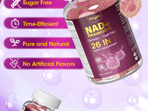 NAD Resveratrol Gummies, NAD Supplements for Women with Hydrolyzed Collagen, Grape Seed, and D-Biotin Support Antioxidant Action, Anti-Aging, Cell Regeneration & Energy, Sugar-Free, 60 Gummies