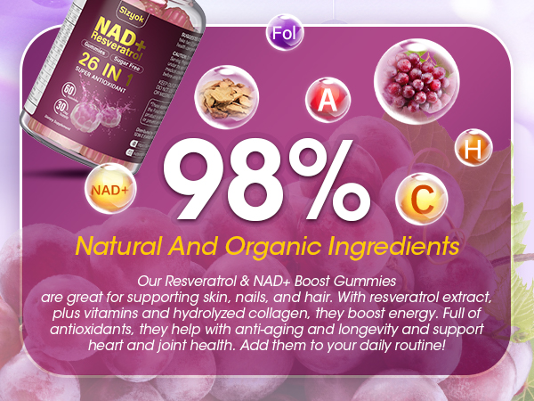 NAD Resveratrol Gummies, NAD Supplements for Women with Hydrolyzed Collagen, Grape Seed, and D-Biotin Support Antioxidant Action, Anti-Aging, Cell Regeneration & Energy, Sugar-Free, 60 Gummies