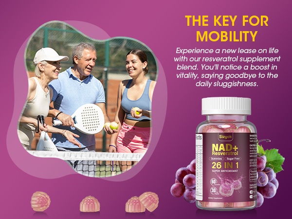NAD Resveratrol Gummies, NAD Supplements for Women with Hydrolyzed Collagen, Grape Seed, and D-Biotin Support Antioxidant Action, Anti-Aging, Cell Regeneration & Energy, Sugar-Free, 60 Gummies