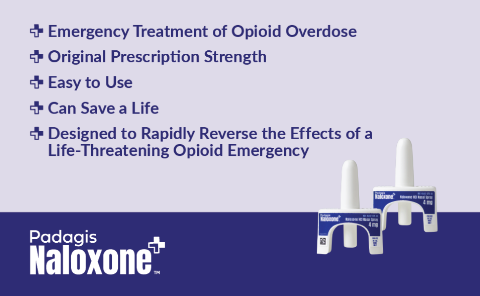 Padagis Naloxone HCI Nasal Spray, 4 mg – Emergency Treatment for Opioid Overdose - Rapid-Response Opioid Overdose Reversal, 2 Dose Single Use Nasal Spray