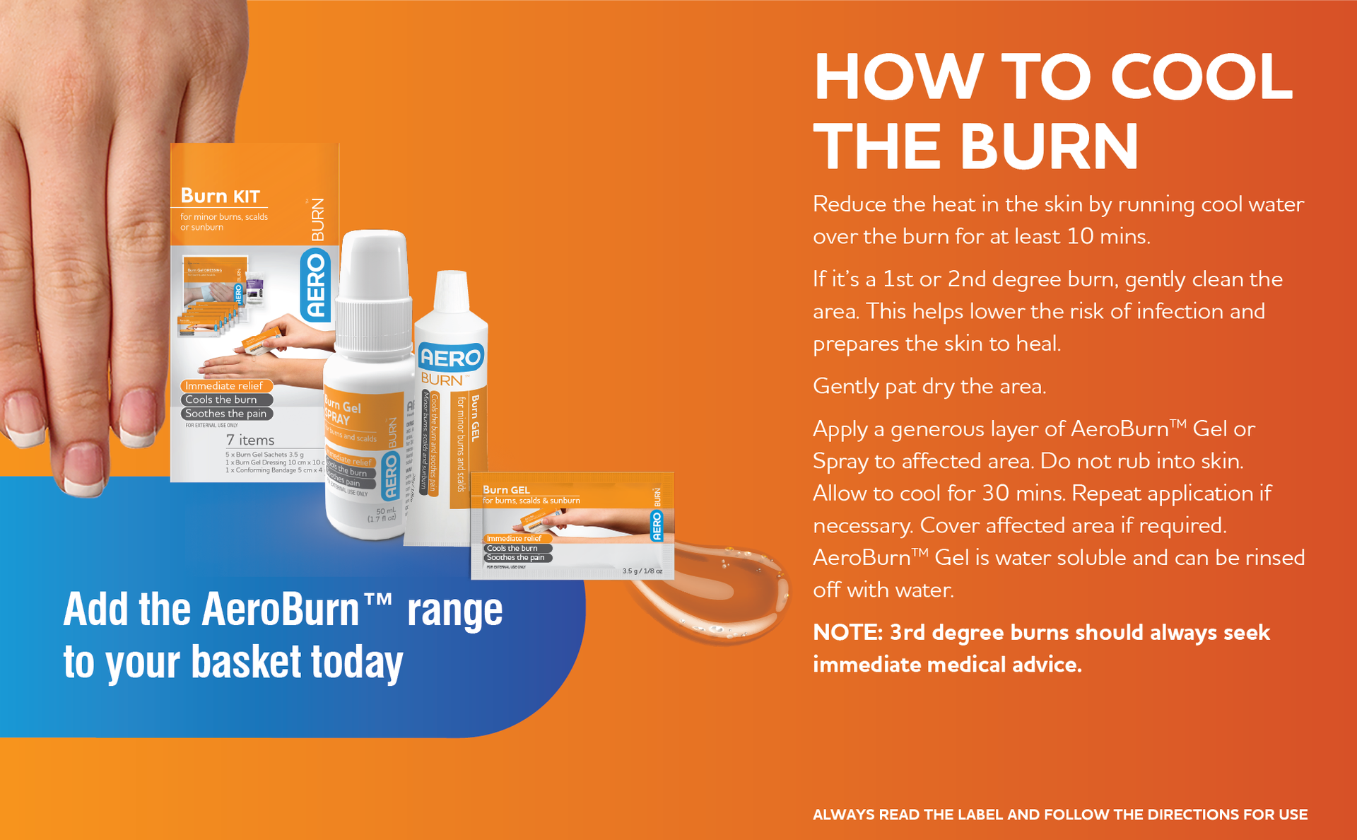 AEROBURN Burn Gel, first aid cooling hydrogel for minor burns, scalds and sunburn, water‑based clear gel for kits, workplaces and travel, non‑greasy and easy to rinse, tube 50 g, single unit