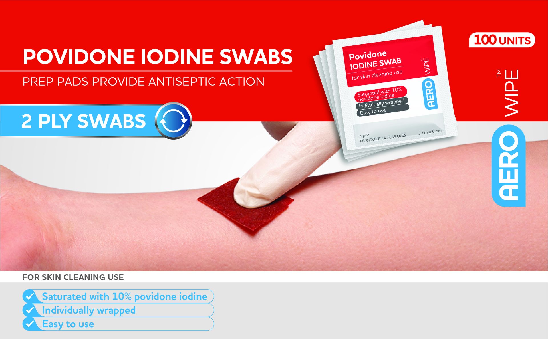 AEROWIPE 10% Povidone Iodine Swabs, antiseptic wipes for pre‑procedure skin cleansing, alcohol free, individually wrapped 2 ply pads for consistent coverage, 60 mm x 33 mm, box of 100
