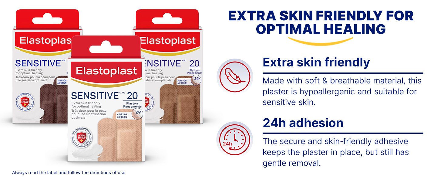 Elastoplast Sensitive Skin Tone Plasters - Light (60 Pack) | Bacteria Shield Protects Against Infection | Includes 2 Sizes | Breathable Material | Hypoallergenic Plasters for Sensitive Skin