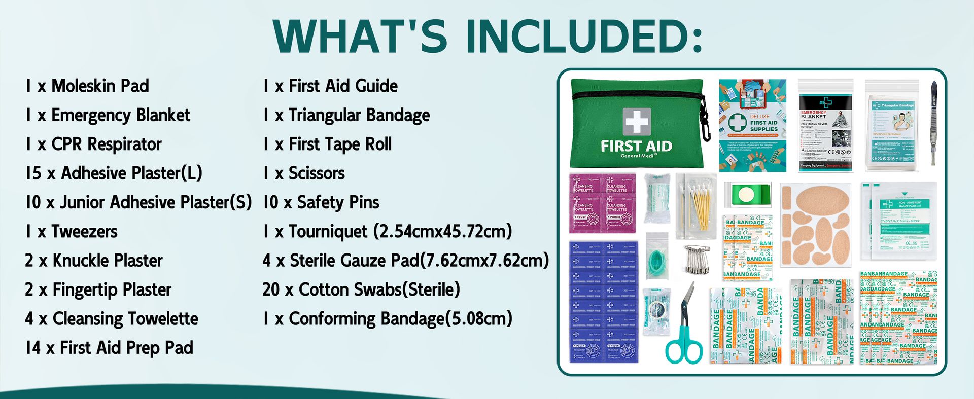 General Medi Mini First Aid Kit, 92 Pieces Small First Aid Kit - Includes Emergency Foil Blanket, Scissors for Travel, Home, Office, Vehicle, Camping, Workplace & Outdoor (Green)