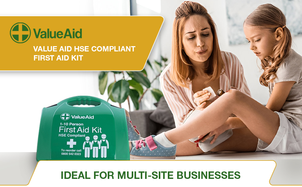 Value Aid HSE Compliant First Aid Kit for Workplace, Home & Car - CE Marked Contents, Double-Clasp Case with Handle - Complete Set for 1-10 People Includes Plasters, Bandages & Medical Supplies