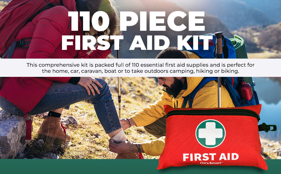 it's Smart Premium First Aid Kit 110 Pieces - for Travel Essentials, Hiking, Home, Camping and Car - Includes Emergency Blanket, Plasters, Bandages, Eyewash and Other First Aid Essentials - Red