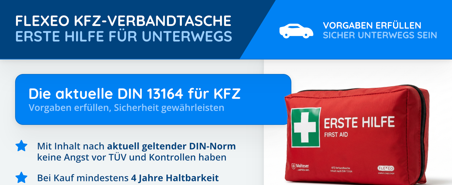 Car First Aid Bag 2026 [Valid throughout Europe] According to StVZO | Current DIN 13164:2022 Certified | Includes 2 Medical Face Masks | First Aid Kit / Box / First Aid Kit for Car/Car/Motorcycle (1 ×