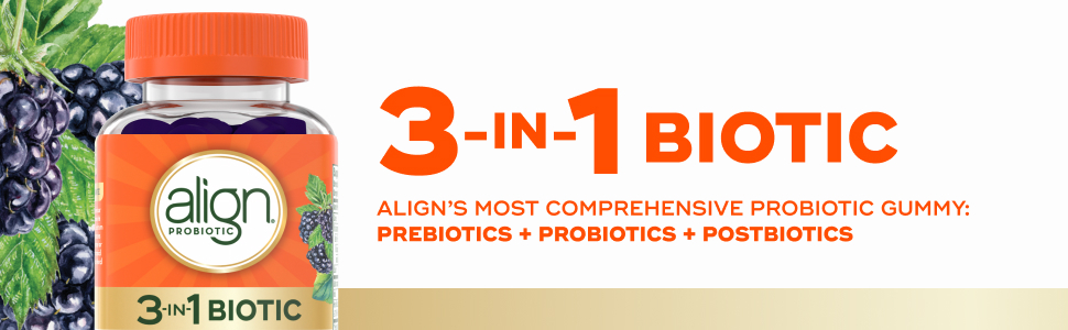 Align Probiotic, 3-in-1 Biotic Gummies, Prebiotic + Probiotic + Postbiotic, #1 Doctor Recommended Probiotic Brand‡, Helps Relieve Occasional Bloating*, BlackBerry Flavor, 50 Gummies