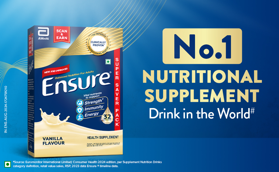 Ensure No 1 Nutritional Supplement Drink in the world, 32 nutrients High Protein,Calcium,Vit D, Vanilla 950g/1kg, Wt may vary, Powder, 1 count, 35 servings