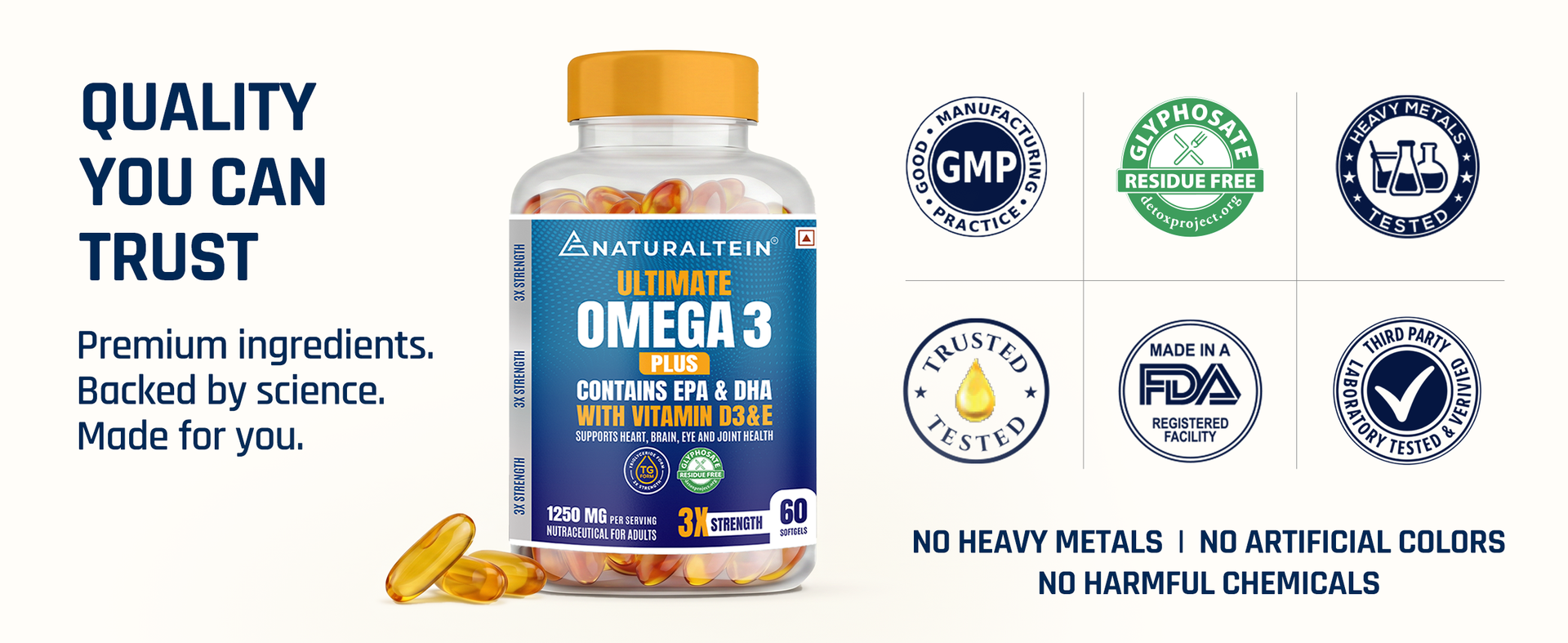 NATURALTEIN Ultimate Omega-3 plus Fish Oil 1250mg Triple Strength Softgel Capsules with vitamin D3 and E | 450mg EPA & 300mg DHA in Triglyceride Form for Better Absorption | Heart, Brain, Eye & Joint Support | Glyphosate-Free | 60 Softgel Capsules | 60-Day Supply