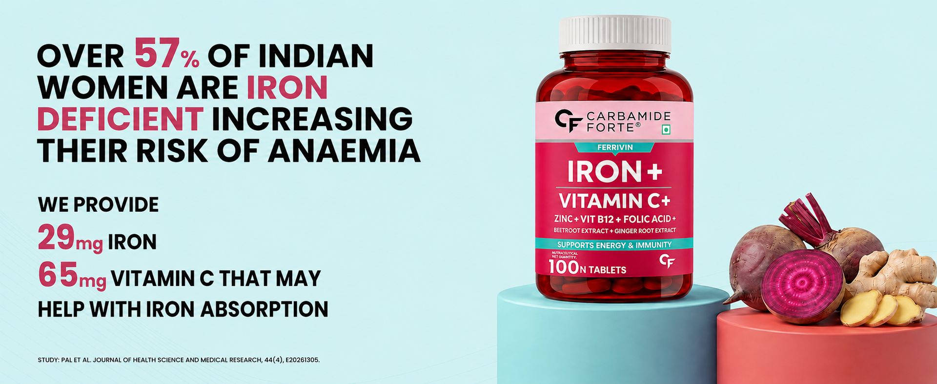 Carbamide Forte Iron Supplement for Women | Folic Acid Tablets with Vitamin C, B12, Zinc | 100 Veg Iron Tablets for Women
