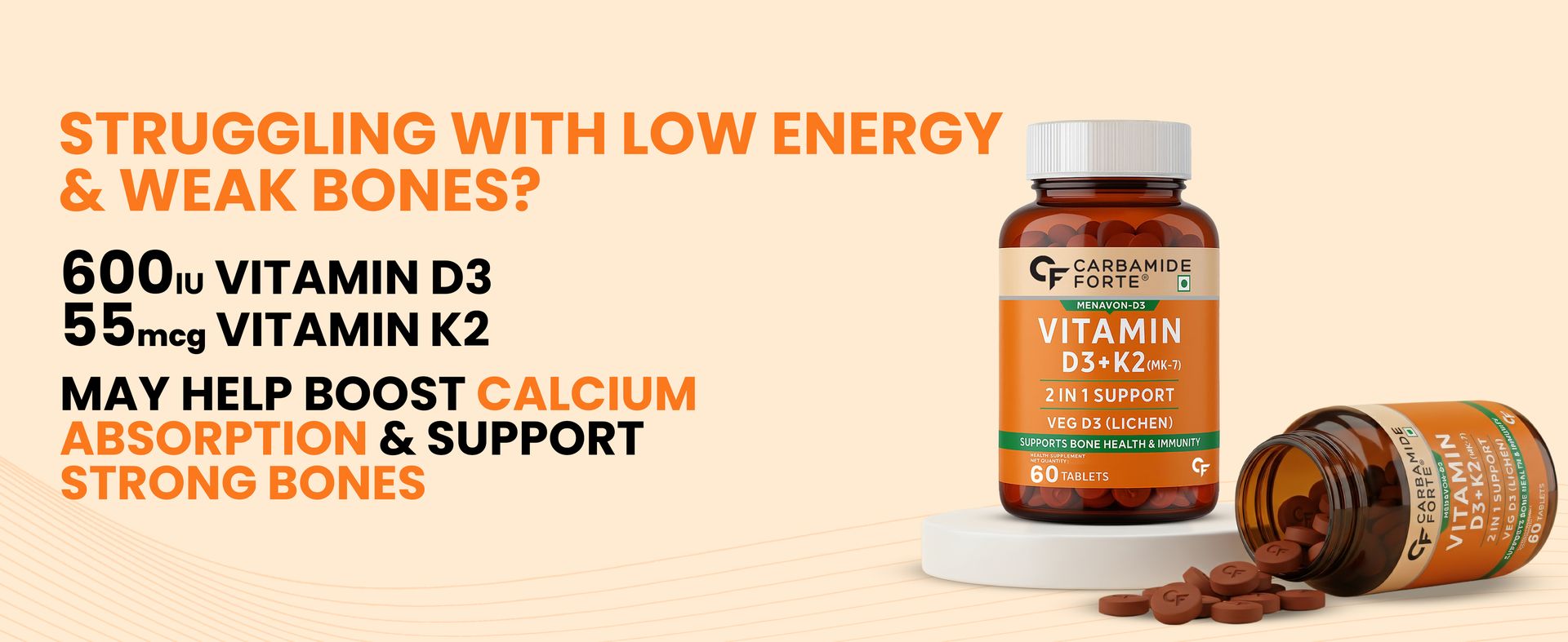 Carbamide Forte Vitamin D Tablets | Vitamin D3 K2 Supplement to support Bone & Heart Health | Veg D3 Lichen - 60 Tablets