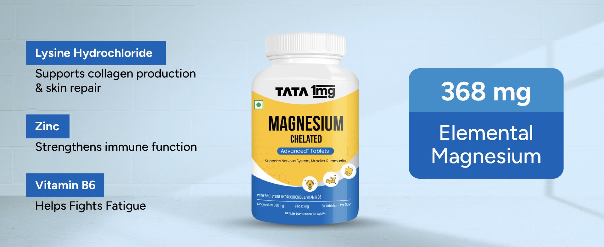 TATA 1MG Chelated Magnesium Plus Tablets with Zinc & Vitamin B6-60 Tablets | High Absorption Magnesium Supplement for Women & Men | Supports Nervous System, Muscle Recovery & Immunity