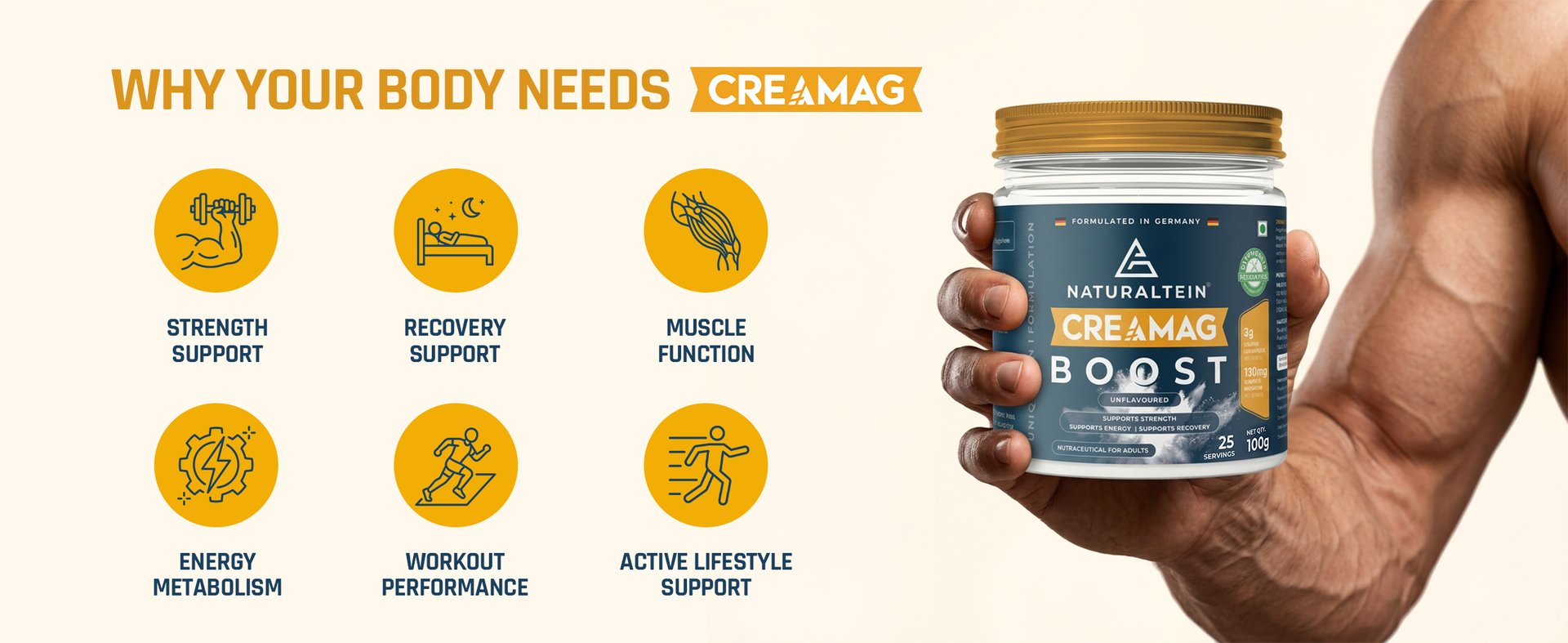 Naturaltein CreaMag Boost | India’s First Creatine + Magnesium Bisglycinate Formula | 3g Creatine Monohydrate & 130mg Elemental Magnesium Per Serving | Glyphosate Residue Free | Supports Strength, Energy & Recovery | Unflavoured | 100g (25 Servings)