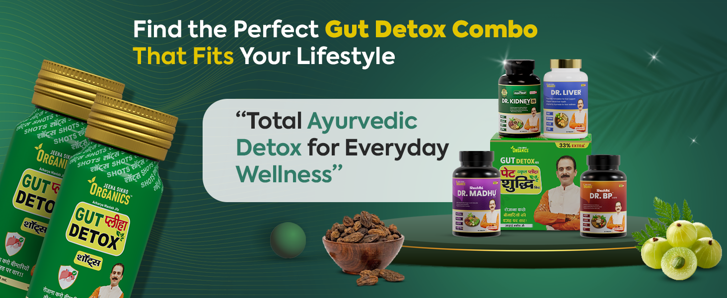 Jeena Sikho Organics Pet Yakrit Pleeha Shuddhi kit | Gut Detox Kit | Ayurvedic Cleanse for Liver, Stomach & Spleen | Body Purification & Immunity Booster | Liver Detox supplement & Digestion Kit, 1 Granules, 100gm & 4 shots, 30ml