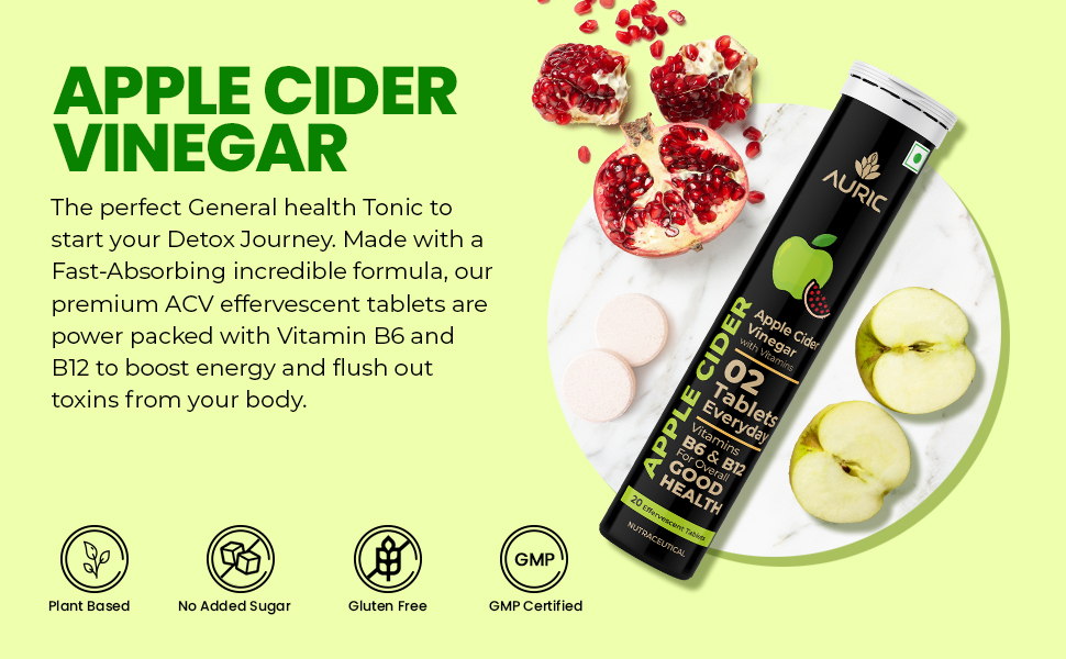 Auric Apple Cider Vinegar With Vitamins | 40 Acv Tablets With Vitamin B6 & B12 | Weight Loss & Metabolism Benefits | Bloating Relief & Gut Health For Men And Women | Taste Only Green Apple